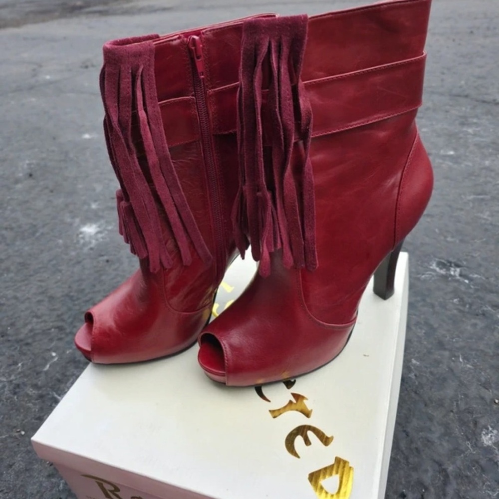 Fringe Peep-Toe Red Leather Ankle Boots